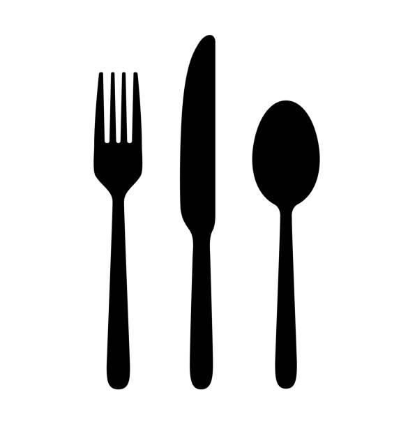illustrazioni stock, clip art, cartoni animati e icone di tendenza di cucchiaio, coltello, forchetta. - pranzare illustrazioni