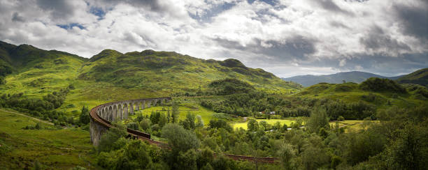 Glenfinnan Viaduct panorama A panorama of the Scottish Highlands and the Glenfinnan Viaduct on the West Highland Line in Glenfinnan, Lochaber. Scotland, UK. scottish highlands stock pictures, royalty-free photos & images