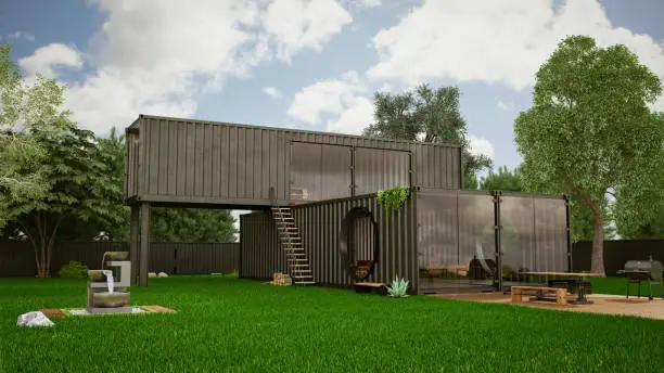 Cargo Container House with Garden. 3D Render