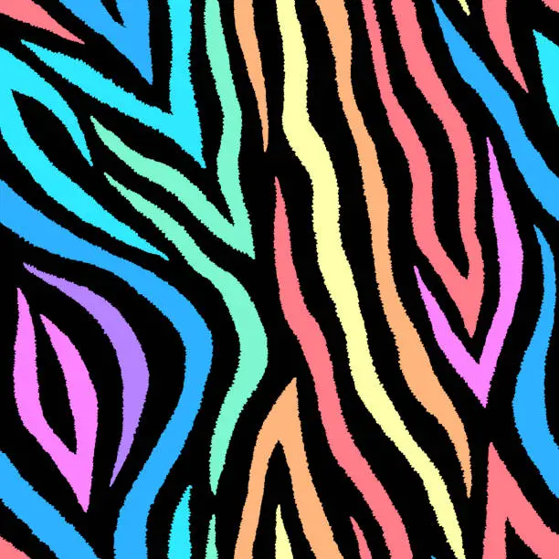 Vector illustration of Colorful abstract zebra seamless pattern. Neon lines on black background. Rainbow stripes repeating backdrop. Vector print for fabrics, posters, banners.