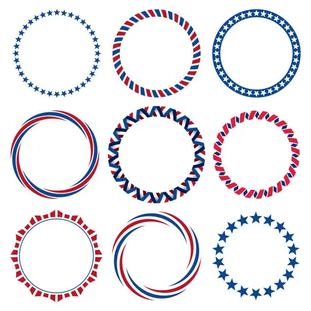 Vector illustration of Collection of round Fourth of July vintage label borders.