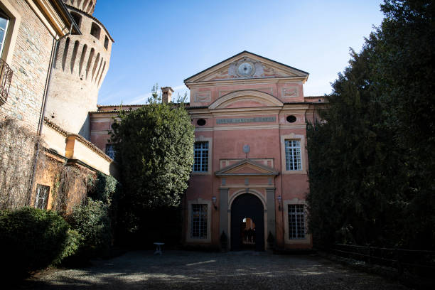 The entrance door of Rivalta castle. stock photo