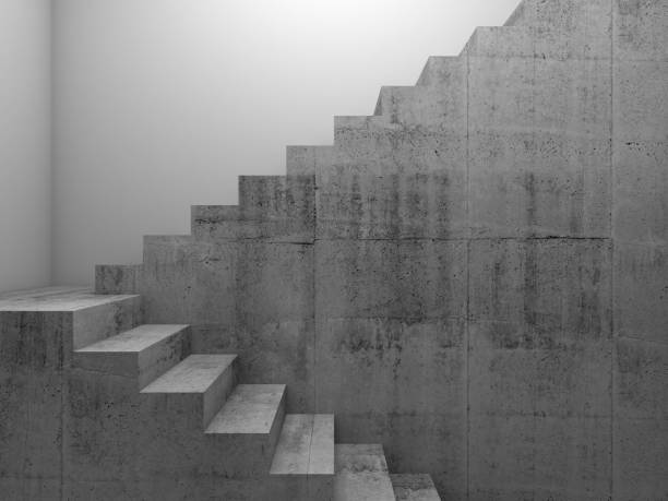 Concrete stairway in white room interior, front view. Abstract architectural background, 3d render illustration