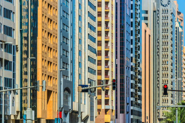 Abu Dhabi, United Arab Emirates - November 12, 2023: A picture of the Khalifa Bin Zayed Street in Downtown Abu Dhabi, with the Al Markaziyah West buildings at the far center, like the World Trade Center Abu Dhabi and the Landmark Tower.