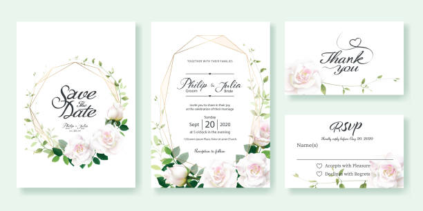 Wedding Invitation, save the date, thank you, rsvp card Design template. White rose flower, lemon leaf, Ivy leaves. Wedding Invitation, save the date, thank you, rsvp card Design template. Vector. White rose flower, lemon leaf, Ivy leaves. anniversary invitation backgrounds greeting card stock illustrations