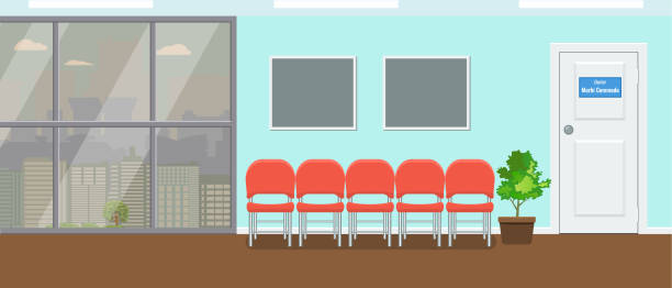 ilustrações de stock, clip art, desenhos animados e ícones de waiting room for patients at dental office. large window and cityscape view. vector illustration. - medicine cabinet medicine healthcare and medicine cabinet