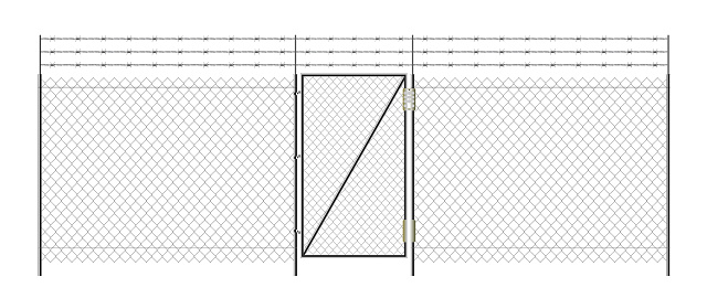 Realistic metal chain link fence. Barbed wire. Electronic lock. Rabitz. Art design gate. Prison barrier, secured property. The chain link of fence wire mesh steel metal.