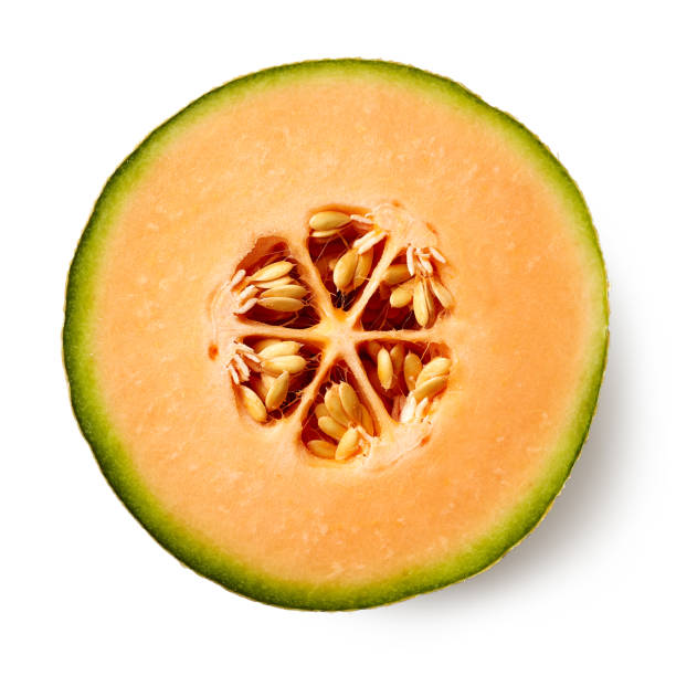 白い背景に分離されたメロンの半分 - cantaloupe ストックフォトと画像