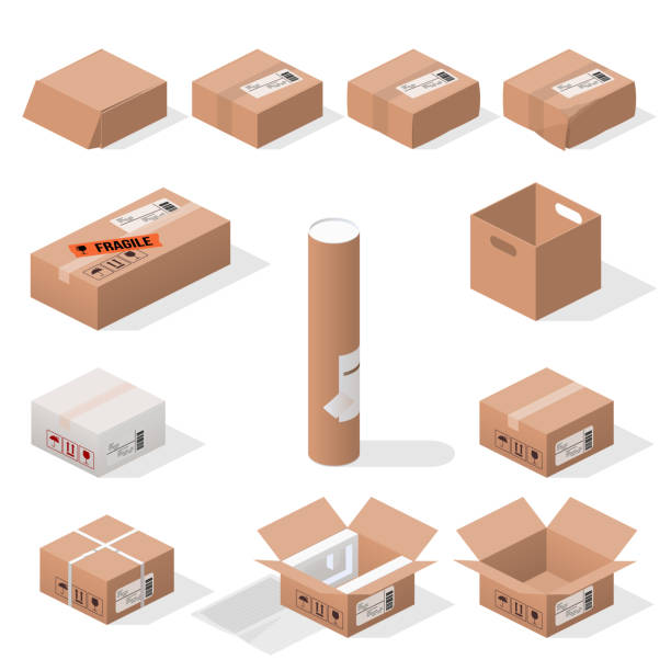 ilustraciones, imágenes clip art, dibujos animados e iconos de stock de conjunto de cajas - envase de cartón