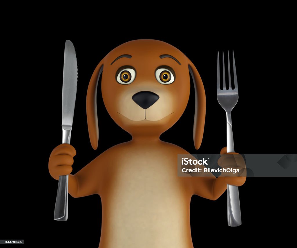 Hungry cartoon dog with knife and fork. Isolated on black background. 3d render Hungry cartoon dog with knife and fork. Isolated on black background. 3d rendering Animal Stock Photo