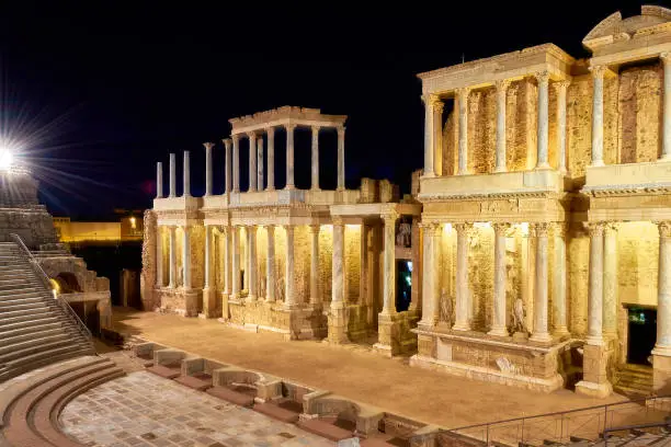Roman theater merida at night without people.