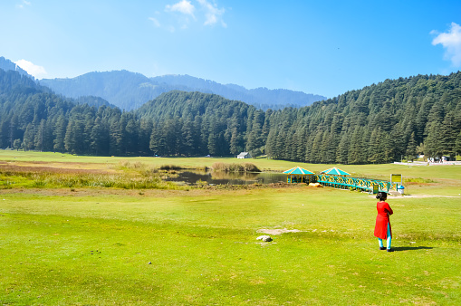 A lady in red dress standing and relaxing on Himalayan valley of Kullu Manali City of JAMMU AND KASHMIR, HIMACHAL PRADESH, INDIA, ASIA. Indian Travel concept