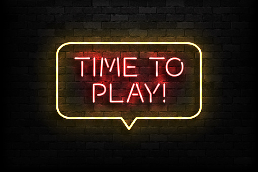 Vector realistic isolated neon sign of Time to Play logo for template decoration and covering on the wall background. Concept of gaming.