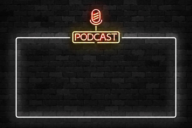 Vector realistic isolated neon sign of Podcast frame logo for template decoration on the wall background. Concept of on air and radio. Vector realistic isolated neon sign of Podcast frame logo for template decoration on the wall background. Concept of on air and radio. radio borders stock illustrations