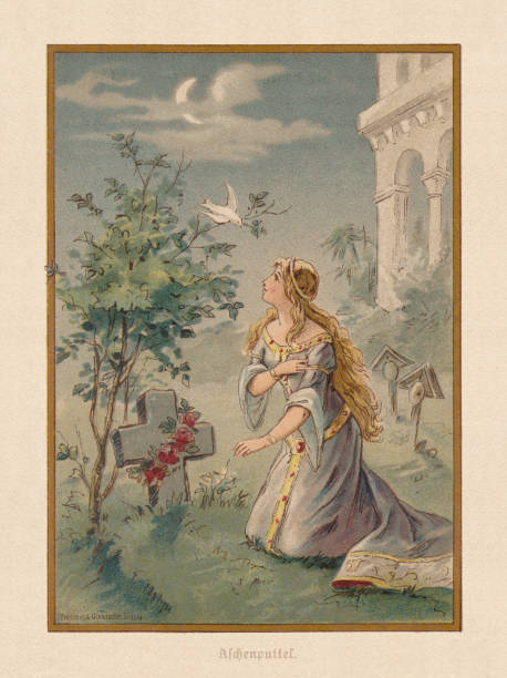 Cinderella at her mother's grave (old fairy tale), chromolithograph, published 1898 A bird fulfills the wish of Cinderella at her mother's grave. Old fairy tale (German: Aschenputtel), written down by Jacob and Wilhelm Grimm. Chromolithograph after a drawing by Thekla Brauer, published in 1898. brothers grimm stock illustrations
