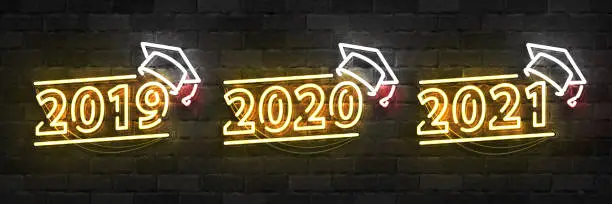 Vector illustration of Vector set of realistic isolated neon sign of Graduation logo for 2019, 2020 and 2021 years for template decoration and layout covering on the wall background.