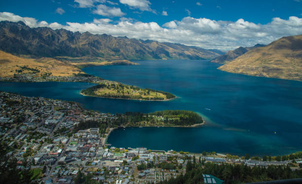 Queenstown, New Zealand and Lake Wakatipu stock photo