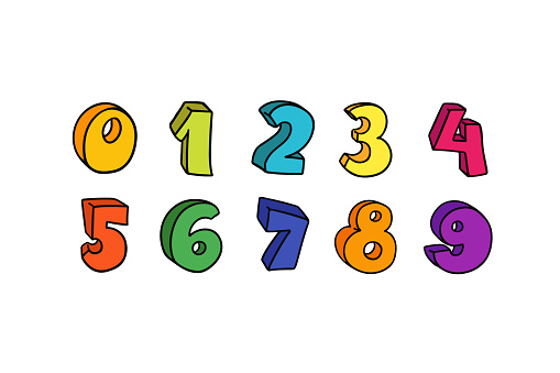 Vector hand drawn 3D colorful numbers set. Signs as sketched art, ouline font. Latin alphabet numbers from 1 to 0. Isolated without background. Funny text for birthday party, numeric text