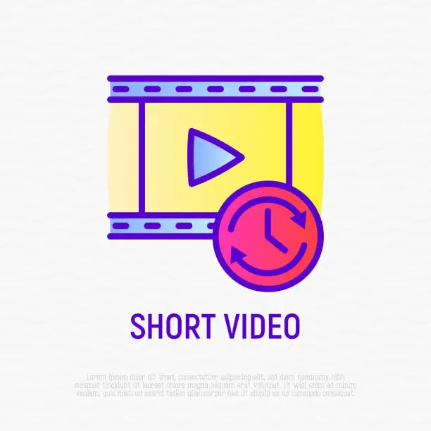 Vector illustration of Short video thin line icon: film with button play and timer sign. Modern vector illustration for logo.