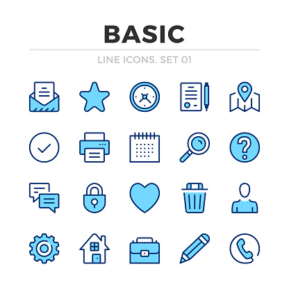 Basic vector line icons set. Thin line design. Outline graphic elements, simple stroke symbols. Basic icons