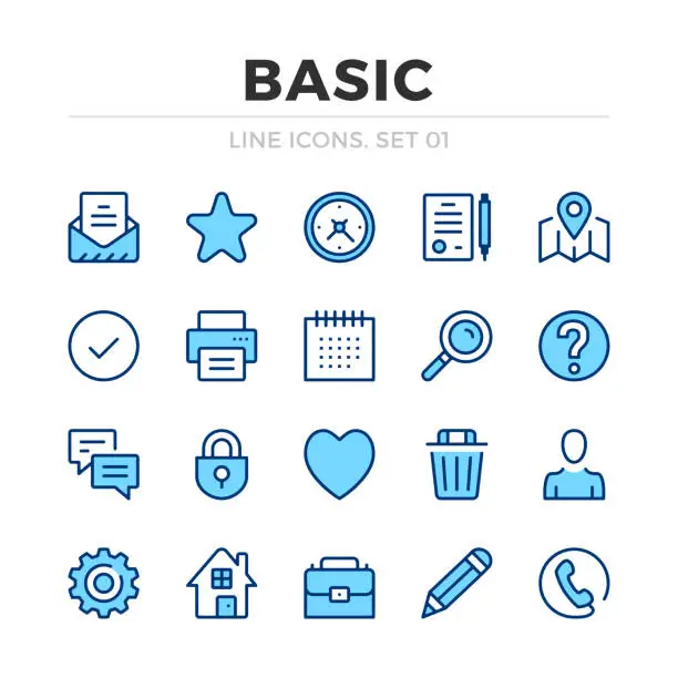 Vector illustration of Basic vector line icons set. Thin line design. Outline graphic elements, simple stroke symbols. Basic icons
