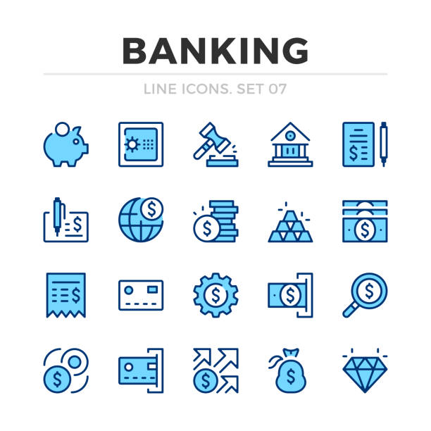 은행 벡터 라인 아이콘을 설정 합니다. 얇은 라인 디자인. 현대 개요 그래픽 요소, 간단한 스트로크 기호입니다. 은행 아이콘 - money bag symbol check banking stock illustrations