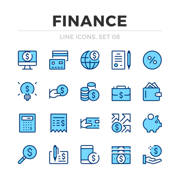 illustrazioni stock, clip art, cartoni animati e icone di tendenza di set di icone della linea vettoriale finance. design sottile della linea. elementi grafici contorno, semplici simboli di tratto. icone finanziarie - application form loan symbol document