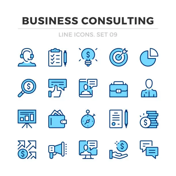 Vector illustration of Business consulting vector line icons set. Thin line design. Outline graphic elements, simple stroke symbols. Business analysis icons