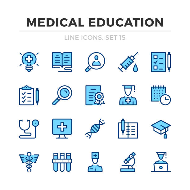 医学教育ベクターラインのアイコンを設定します。細いラインの設計。モダンなアウトライングラフィック要素、シンプルなストロークシンボル。医学教育のアイコン - medical student healthcare and medicine book education点のイラスト素材／クリップアート素材／マンガ素材／アイコン素材