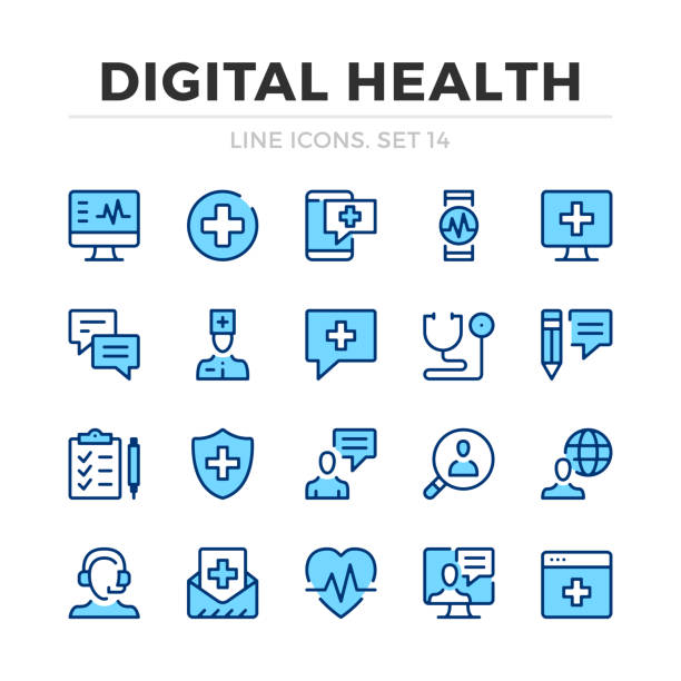 Digital health vector line icons set. Thin line design. Outline graphic elements, simple stroke symbols. Digital health icons Digital health vector line icons set. Thin line design. Outline graphic elements, simple stroke symbols. Digital health icons medical technology stock illustrations