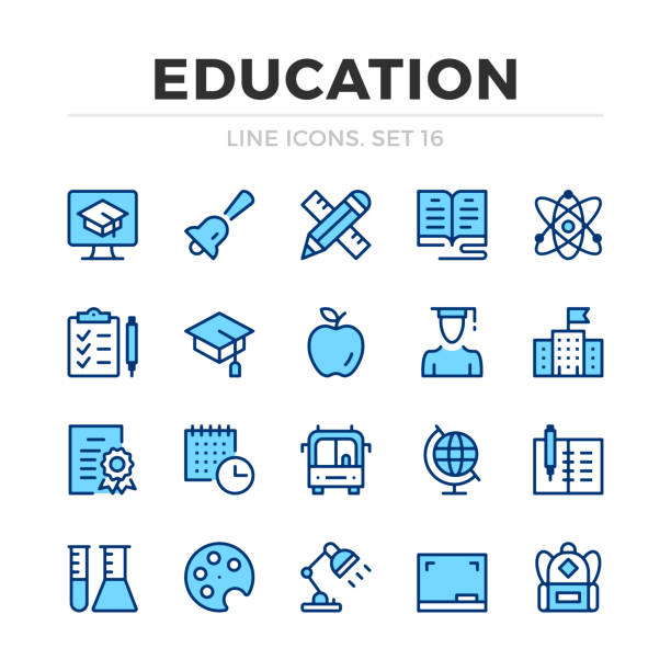 ilustraciones, imágenes clip art, dibujos animados e iconos de stock de conjunto de iconos de línea vectorial de educación. diseño de línea delgada. elementos gráficos de contorno moderno, símbolos de trazo sencillos. iconos de la escuela - lámpara angular