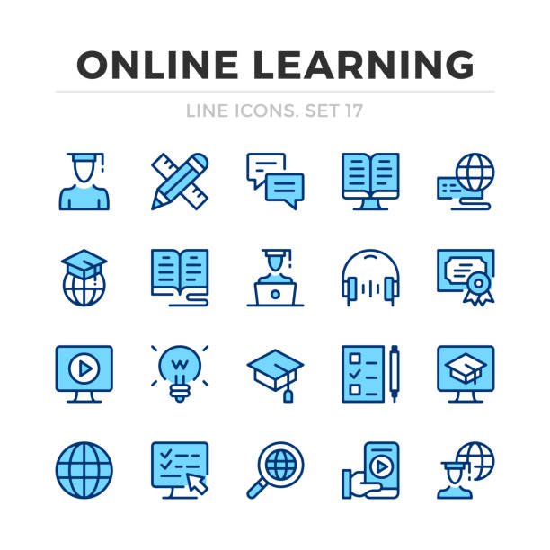 Online learning vector line icons set. Thin line design. Outline graphic elements, simple stroke symbols. Online learning icons Online learning vector line icons set. Thin line design. Outline graphic elements, simple stroke symbols. Online learning icons education student mobile phone university stock illustrations