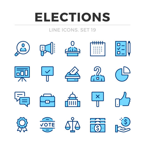 選挙ベクトルラインアイコンが設定されます。細いラインの設計。モダンなアウトライングラフィック要素、シンプルなストロークシンボル。投票アイコン - president点のイラスト素材／クリップアート素材／マンガ素材／アイコン素材
