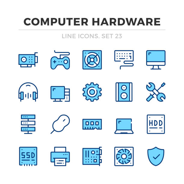 ilustrações de stock, clip art, desenhos animados e ícones de computer hardware vector line icons set. computer parts, computer components. thin line design. outline graphic elements, simple stroke symbols. computer icons - interface icons video