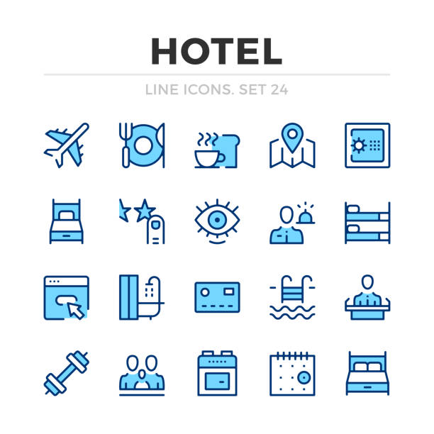 illustrazioni stock, clip art, cartoni animati e icone di tendenza di set di icone della linea vettoriale dell'hotel. design sottile della linea. elementi grafici contorno moderni, semplici simboli di tratto. icone dell'hotel - hotel bed silhouette travel