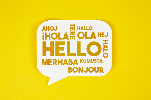 Hello in different languages on yellow background