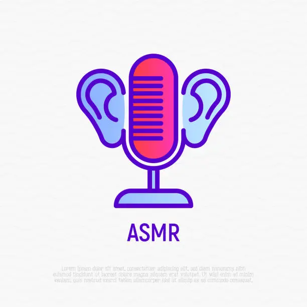 Vector illustration of ASMR thin line icon: microphone and ears. Relaxation video with calming sounds. Modern vector illustration.