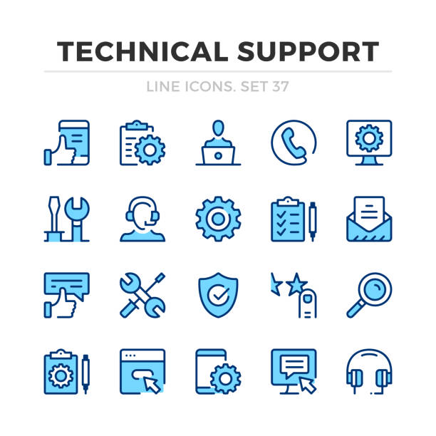 illustrations, cliparts, dessins animés et icônes de les icônes de ligne vectorielle de support technique sont définies. conception de ligne mince. contour des éléments graphiques, des symboles de traits simples. icônes de support technique - computer repairing work tool it support