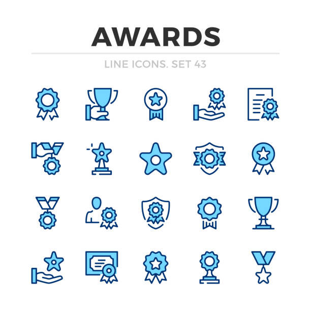 ilustrações de stock, clip art, desenhos animados e ícones de awards vector line icons set. thin line design. modern outline graphic elements, simple stroke symbols. awards icons - gold medal medal certificate ribbon