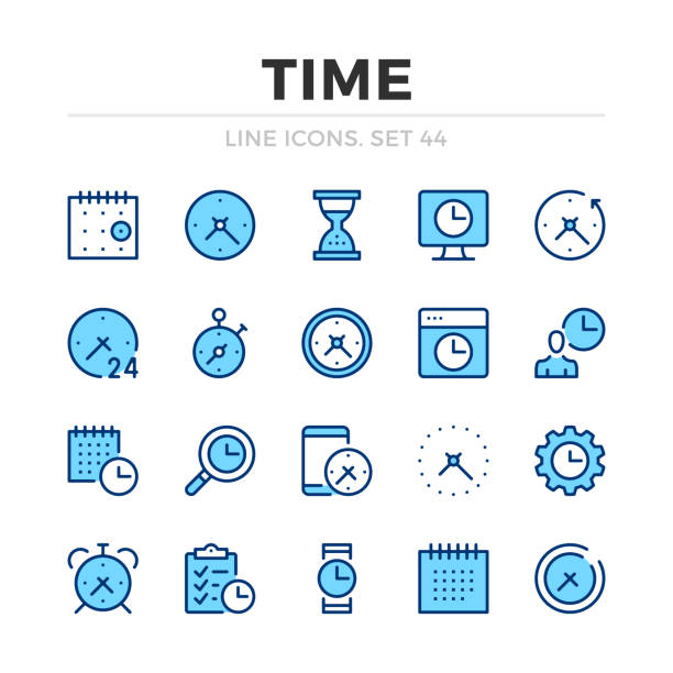 시간 벡터 라인 아이콘을 설정 합니다. 얇은 라인 디자인. 그래픽 요소, 간단한 스트로크 기호를 간략하게 설명 합니다. 시간 아이콘 - 벽시계 일러스트 stock illustrations