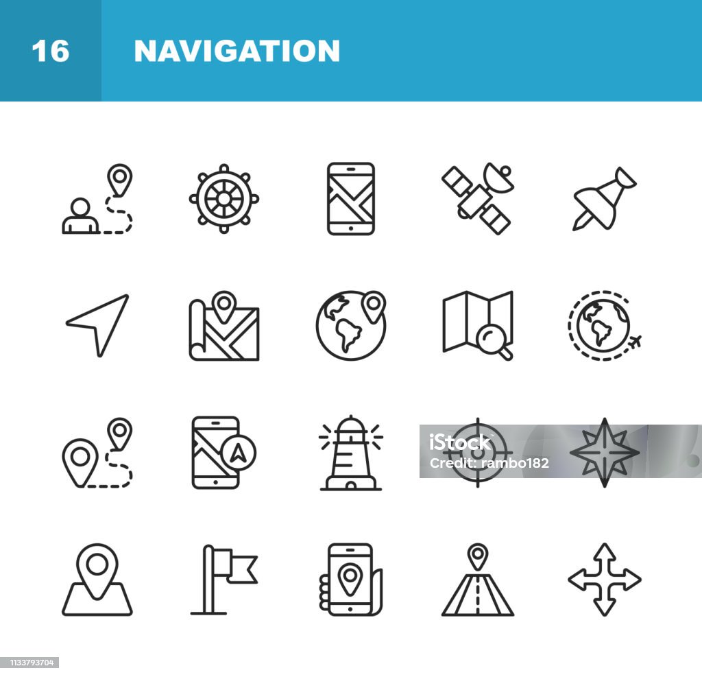 Navigation Line Icons. Editable Stroke. Pixel Perfect. For Mobile and Web. Contains such icons as . 20 Navigation Outline Icons. Icon stock vector