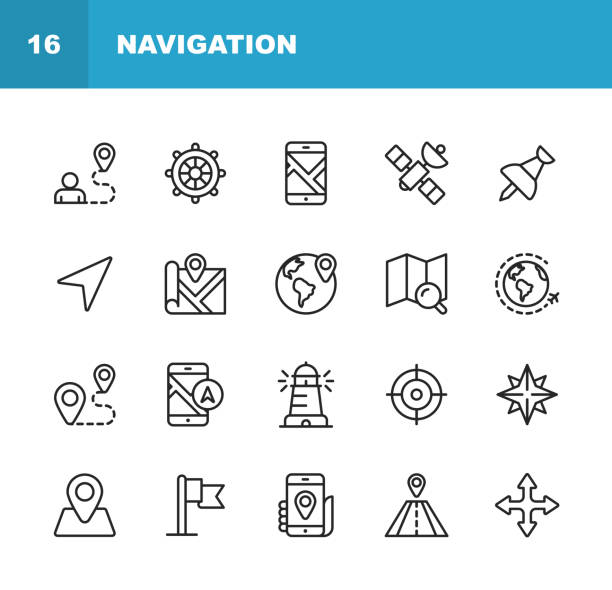 Navigation Line Icons. Editable Stroke. Pixel Perfect. For Mobile and Web. Contains such icons as . 20 Navigation Outline Icons. globe navigational equipment illustrations stock illustrations