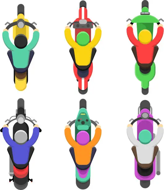 Vector illustration of Motorcycle top view. Topping of motor bicycle with drivers traffic vector flat illustrations