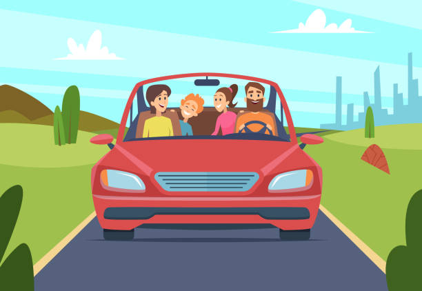 Happy family in car. People father mother kids travellers in automobile vector front view Happy family in car. People father mother kids travellers in automobile vector front view. Illustration of car with happy family, journey and drive trip family in car stock illustrations