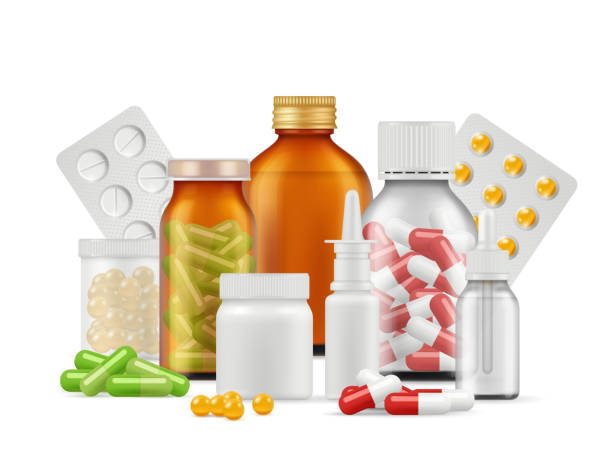 ilustrações de stock, clip art, desenhos animados e ícones de medical bottles and pills. medications aspirin antibiotic drugs tablets vector realistic health care concept - medicine dose medical medicine and science