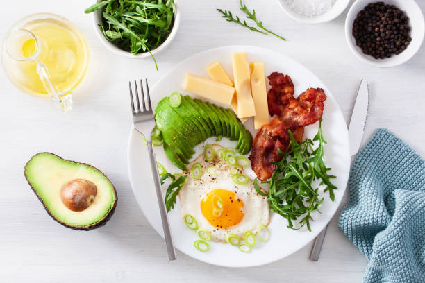 건강 한 케 토 아침 식사: 달걀, 아보카도, 치즈, 베이컨 - 키토제닉 다이어트 뉴스 사진 이미지