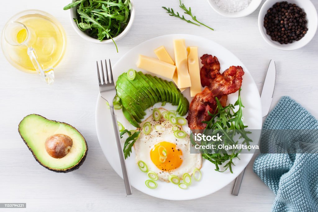 healthy keto breakfast: egg, avocado, cheese, bacon Ketogenic Diet Stock Photo