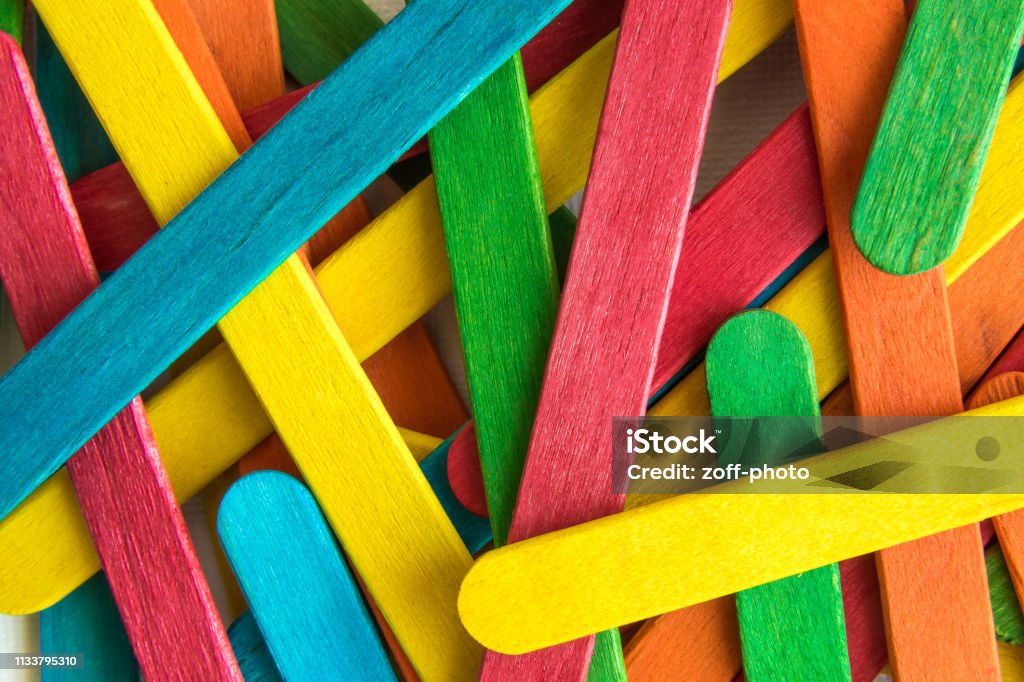 Colorful Scattered Wooden Multicolored Popsicle Sticks Stock Photo