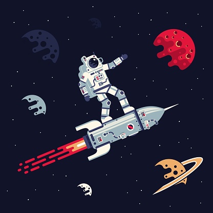 Astronaut in spacesuit riding  on rocket in space among planets and stars. Vector flat illustration.