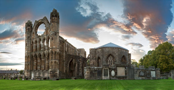 Elgin Cathedral A panorama of the ruins of Elgin Cathedral at dusk. Moray, Scotland, UK moray firth stock pictures, royalty-free photos & images